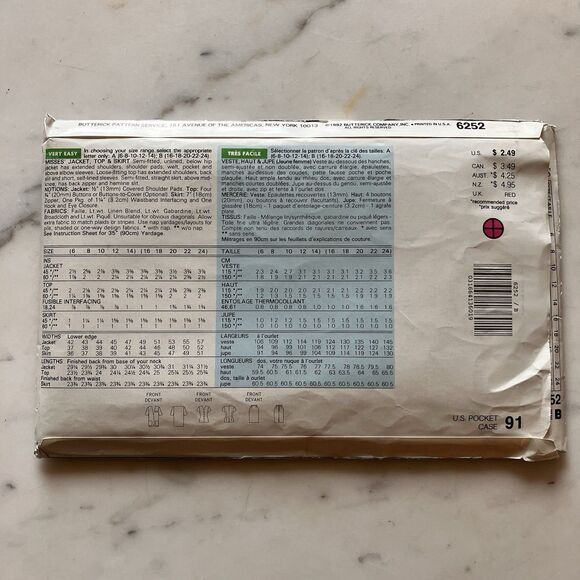 See & Sew Pattern 6252 Size B 16-18-20-22-24 Women's Jacket Top Skirt Uncut 1992 - Picture 3 of 6